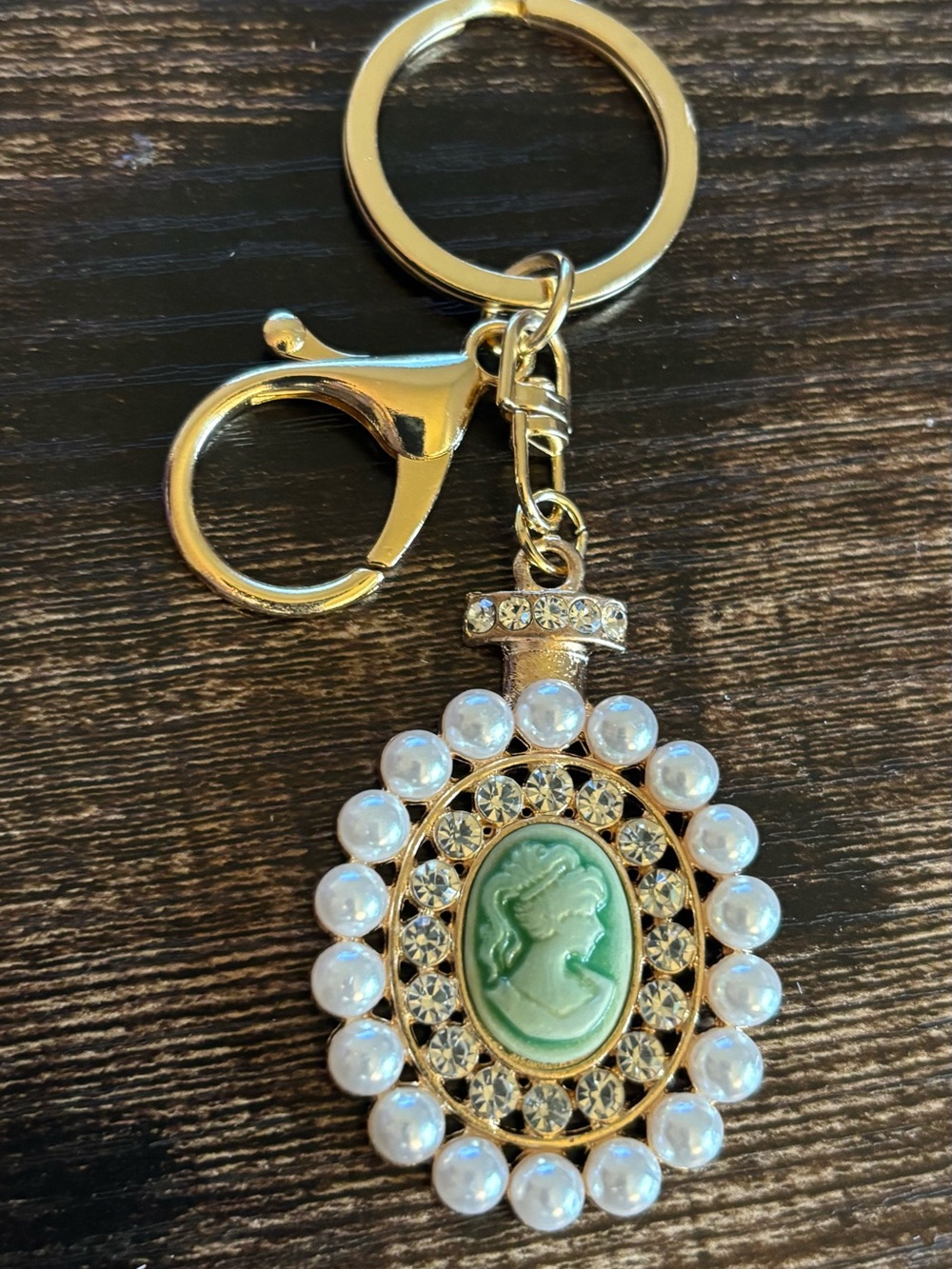 Gold-Tone‎ Cameo Keychain with Green Cameo and Pearl Accents